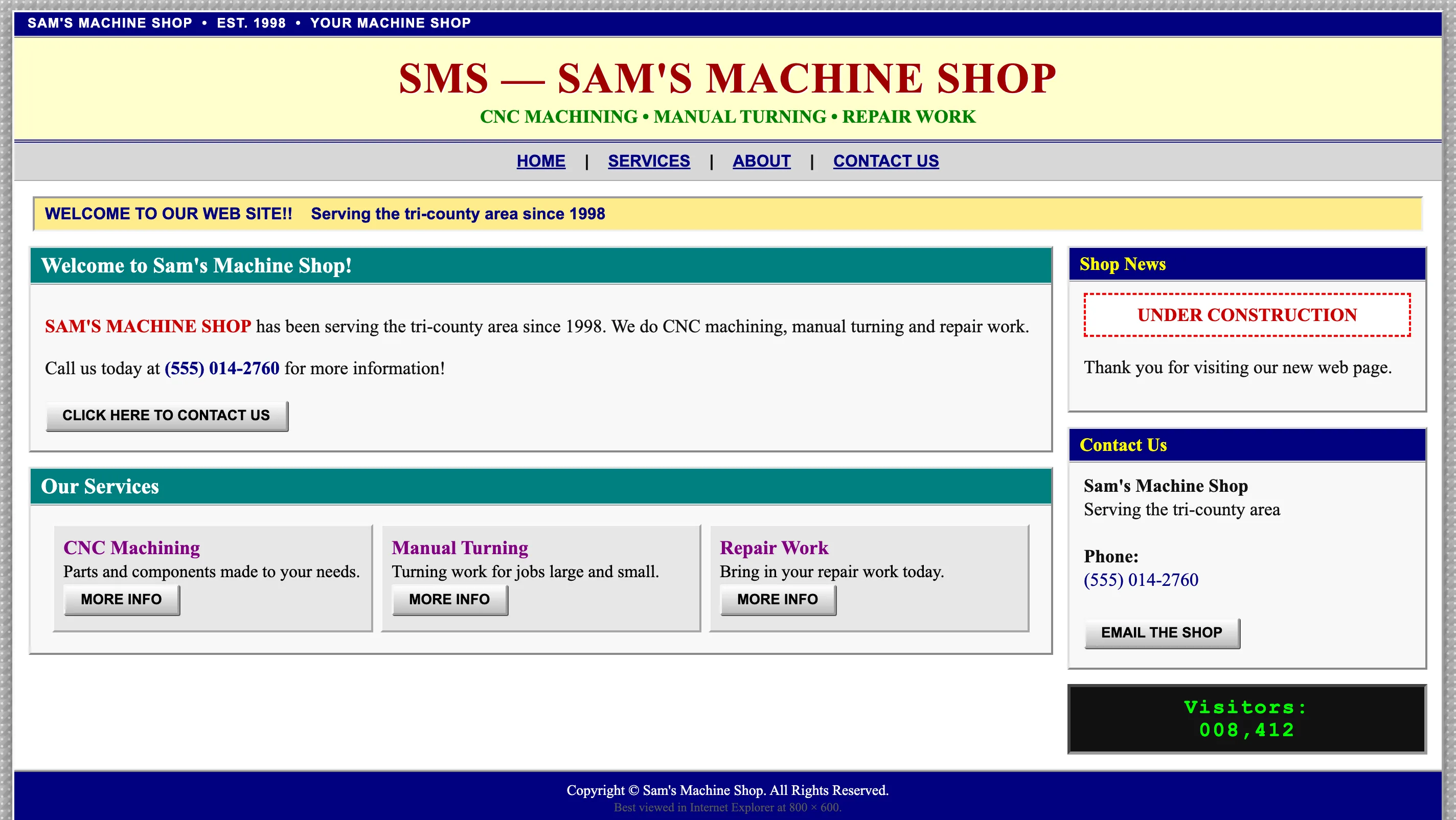 Demonstration 'before': a dated early-2000s website for SMS, a fictional machine shop